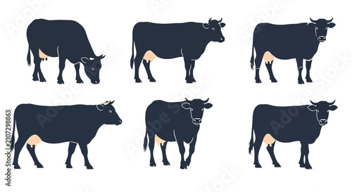 Billede på lærred Silhouette illustration of six black cows in varying poses and perspectives