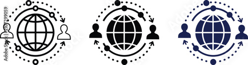 Global users icon with people around world globe. International community and worldwide network concept for online communication, global audience, internet connection, social interaction and business.