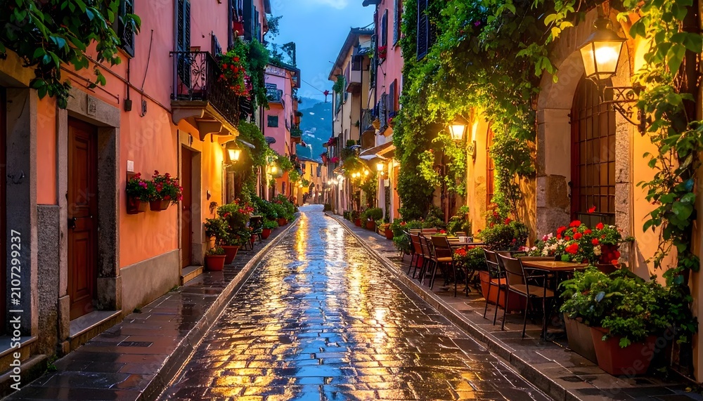 Naklejka premium Rainy evening in old european town.