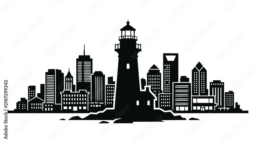 Fototapeta premium Lighthouse and modern cityscape silhouette, urban skyline, navigation beacon