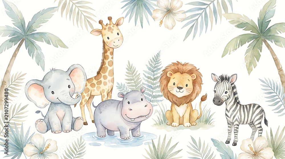 Obraz premium Cute baby jungle animals including elephant giraffe hippo lion and zebra with palm leaves in a tropical forest