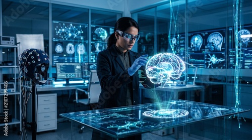 Scientist interacting with holographic brain interface in futuristic lab.