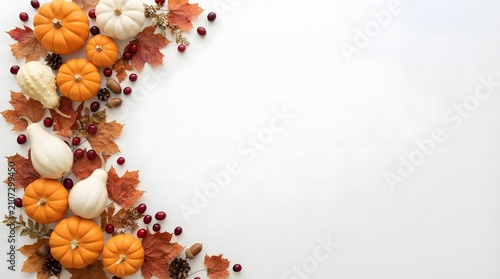 A festive autumn composition featuring a variety of pumpkins, gourds, dried maple leaves, pinecones, and scattered cranberries arranged elegantly along the left edge of frame.