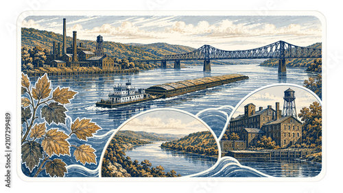 Ohio River industrial heritage postcard collage with river barge, steel bridge, rolling hills, old mill silhouette, trees, and
