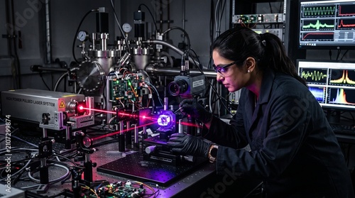 Scientist working with advanced laser equipment in laboratory.