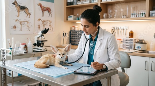 Veterinarian examining a small dog in a clinic setting.