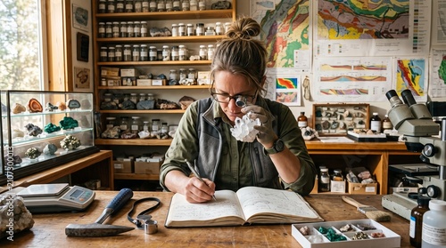 Woman studying in a cluttered vintage workshop with coffee.