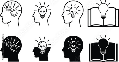 Inspiration icon. Idea and creative thinking head icon set with lightbulb symbol. Concept of innovation, inspiration, brainstorming and problem solving for business, startup and education design.
