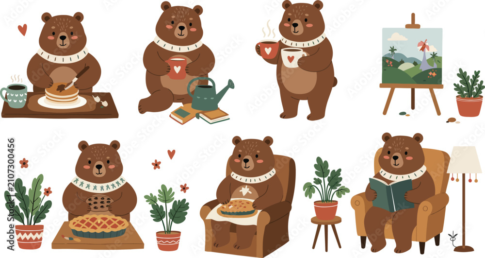 Fototapeta premium A collection of cute brown bears engaged in various cozy daily activities like painting reading drinking tea and baking cakes