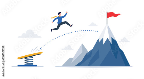 Tiny person leaping from springboard with dotted jump path as an achievement action icon, person, springboard, jump, leap,