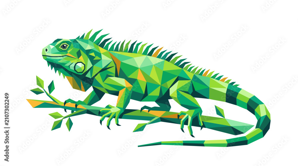 Fototapeta premium Green Iguana Lizard Low Poly Geometric Vector Illustration on Tree Branch