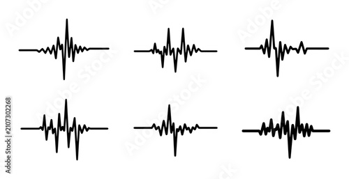 Cuadro en lienzo Six Black Sound Waveforms, Audio Signal Graphics, Music Pulse Lines, Abstract So