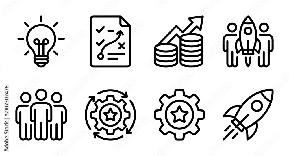 Fototapeta premium Business Growth Icons: Lightbulb Idea, Strategy Plan, Coin Stack, Team Rocket Launch, Teamwork, Process Gear, Rocket Ship