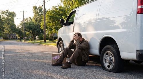 frustrated caucasian delivery driver sitting by van with flat tire. box with delayed sticker on street. logistics problem, vehicle breakdown concept. copyspace, banner, website header.
