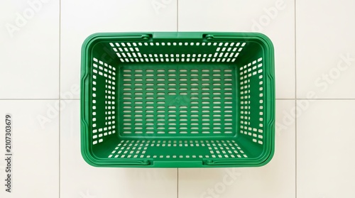 An empty green shopping basket placed on a white tiled floor.