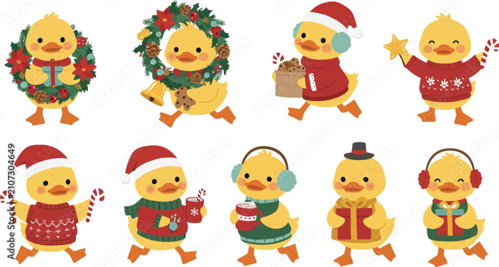 Obraz premium A collection of cute cartoon yellow chicks dressed in festive winter holiday clothing and holding various christmas gifts and decorations