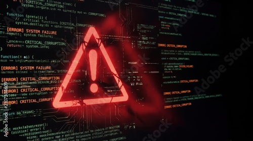 glowing red warning triangle with exclamation mark over computer screen displaying code and error messages. system failure, critical corruption, cyber attack alert concept. banner, website header.