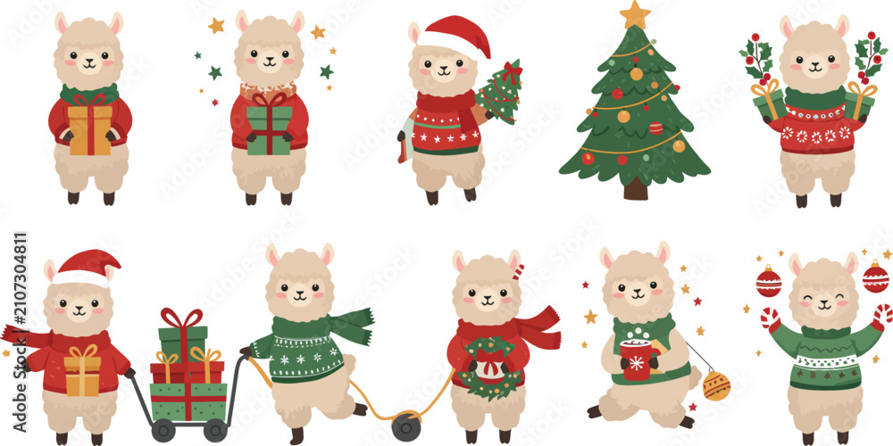 Fototapeta premium A collection of cute cartoon llamas dressed in festive winter clothing and holding various christmas gifts and holiday decorations for design