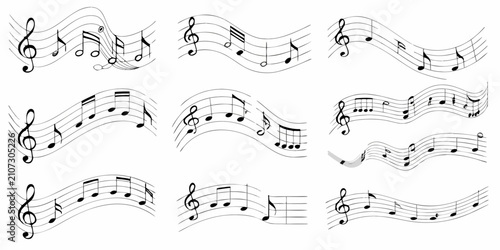 Fotografie Musical notes and staffs a black vector illustration collection on a white backg
