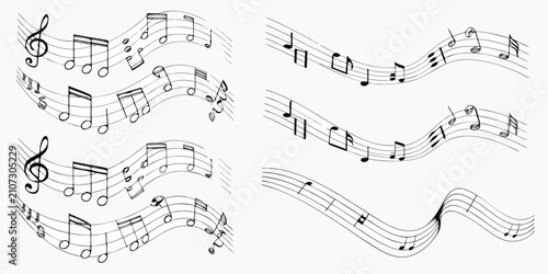 Fotografía Musical notes and staffs black vector illustration with flowing lines and repeat