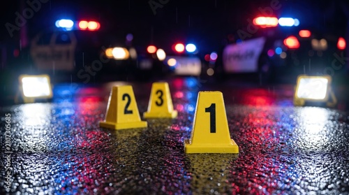 yellow evidence markers on wet asphalt at night crime scene. blurred police cars with flashing lights in background during rain. law enforcement, murder investigation.  news blog banner with copyspace