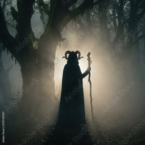 mysterious silhouetted figure in cloak and horned headdress holding wooden staff in foggy forest. pagan mythology, occult magic and dark fantasy concept. halloween background with copyspace.