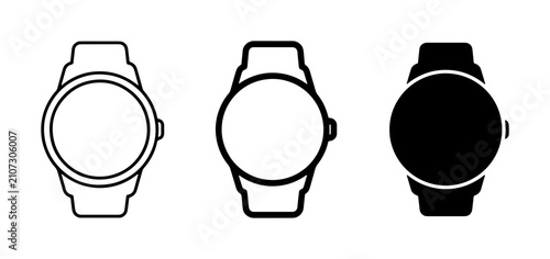Фотография Three minimalist watch icons, outline and solid black, representing timekeeping