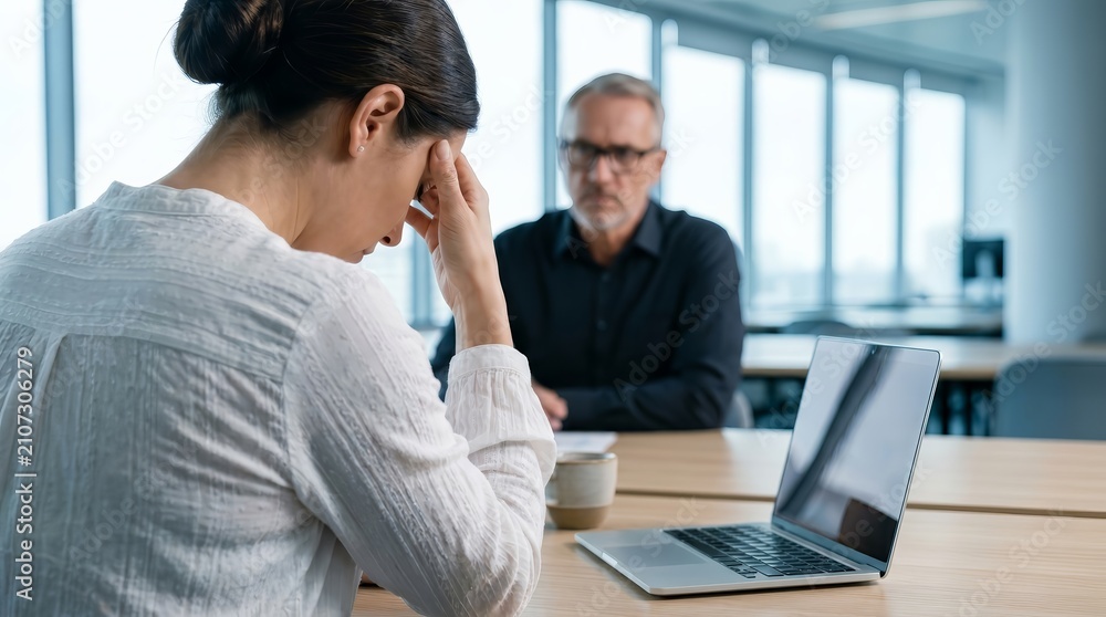 Naklejka premium Two office workers discuss a hiring mistake during a tense disciplinary meeting.