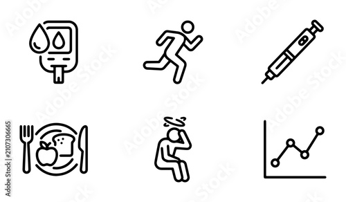Diabetes Icons Set: Glucose Meter, Runner, Syringe, Healthy Food, Dizzy Person, Graph. Medical Health Symbols.
