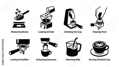 Bild auf Leinwand Coffee making process steps icons in black and white on transparent background