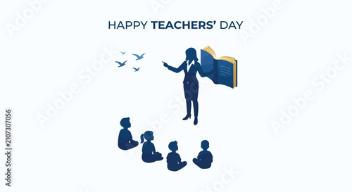 Teacher And Students Silhouette Against White Background Celebrating Education And Teachers Day teaching educator instruction pupils