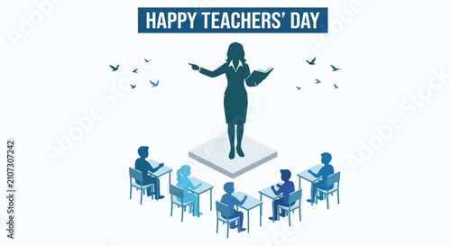 Teacher with students silhouette illustration in shades of blue celebrating teachers day with a classroom scene
