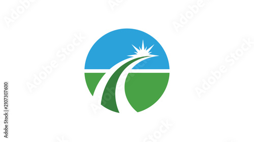 Minimalist vector illustration of a circular road logo design featuring bright blue sky and grass