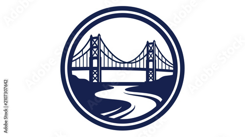 Minimalist vector illustration featuring a dark blue suspension bridge inside a circular emblem design icon