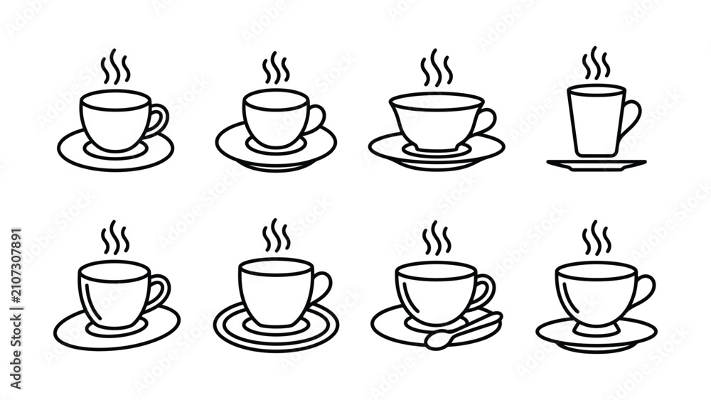 Obraz premium Eight black line art coffee cups on saucers with steam rising