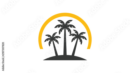 Minimalist vector illustration featuring three stylized palm trees with a golden sun arc icon design