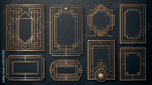 Set of gold art deco frames on dark background. These vintage geometric borders add elegance to wedding invitations.