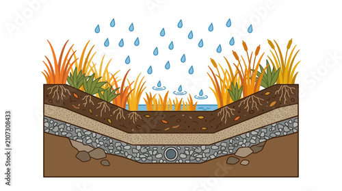 Quadro su tela Rainwater Filtration System Illustration with Plants and Gravel