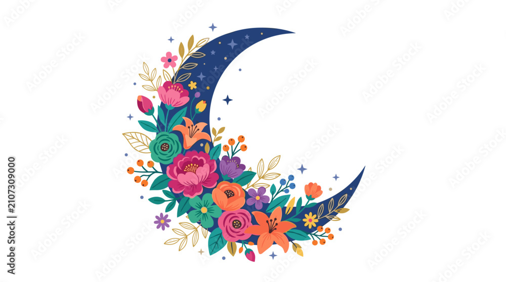 Fototapeta premium Crescent moon decorated with vibrant colorful flowers and leaves on white background