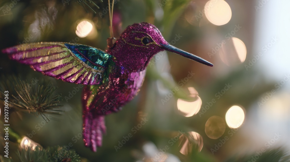 Obraz premium Colorful hummingbird ornament hangs on a Christmas tree with twinkling lights during the holiday season