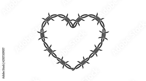 Heart shaped barbed wire symbol of dangerous love or painful emotions isolated on white