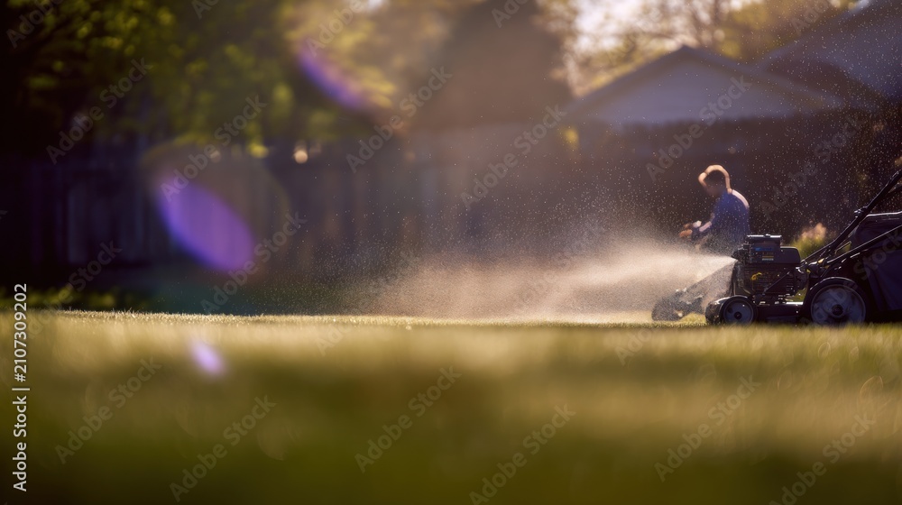 Fototapeta premium Person mows lawn in the late afternoon near a house with trees and sunlight shining through