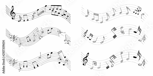 Quadro em tela Musical notes and staffs black and white vector illustration arrangement