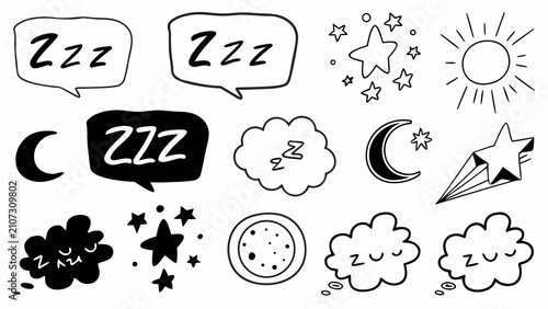 Sleep themed cartoon icons with stars moon and sun on a white background