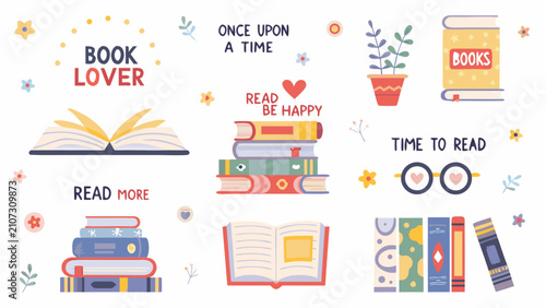 Foto Floral ornament with books and reading related elements colorful vector illustra
