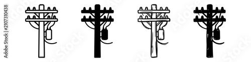 Four utility pole icons in outline, solid, and sketch styles. Vector set for electrical infrastructure and telecommunication design.