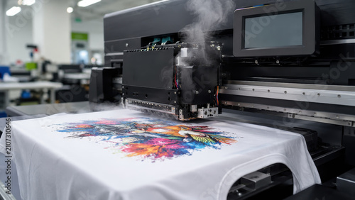 Digital textile printer applying vivid artwork to white cotton t-shirt, direct garment printing process, automated apparel production, ink curing steam, workshop equipment, clothing making