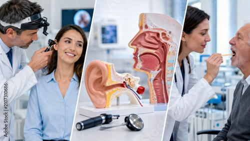 Ent clinic collage with otolaryngologist ear exam, throat check with spatula, anatomical ear nose throat models, otoscope headlamp equipment, hearing assessment, respiratory care consultation