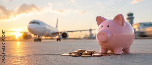 Piggy bank with coins at airport runway, airplane during sunset, rising airfare prices, baggage fees, fuel surcharges, travel budget planning, vacation savings, flight cancellation expenses