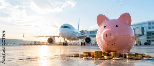 Air travel savings concept with piggy bank at airport, airfare budgeting, airline ticket costs, travel finance, vacation planning, flight expenses, aviation pricing and smart travel budgeting
